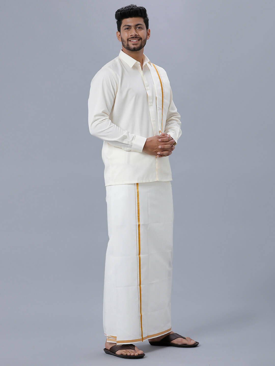 Ramraj Cotton Mens Wedding Set Cream Regular Dhoti, Shirt & Towel Arathi 1/2"