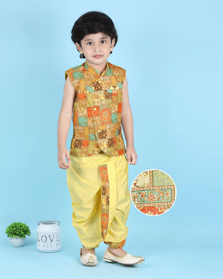Joban Fashion Kids Island Cotton Sleeveless printed Kurta and Solid Dhoti - Yellow