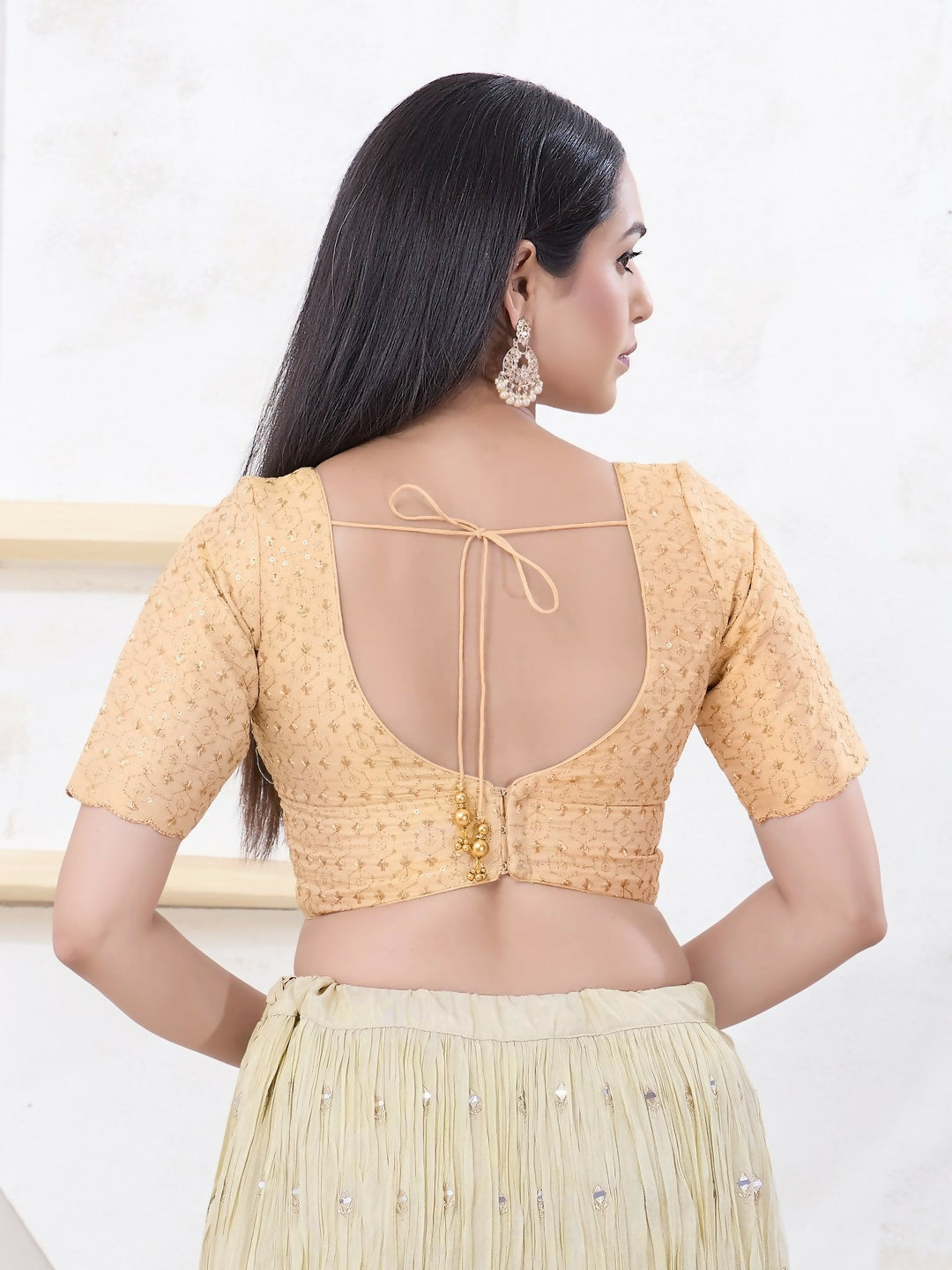 Joban Fashion Light-Gold Tissue Elbow Sleeveless Back Open Blouse