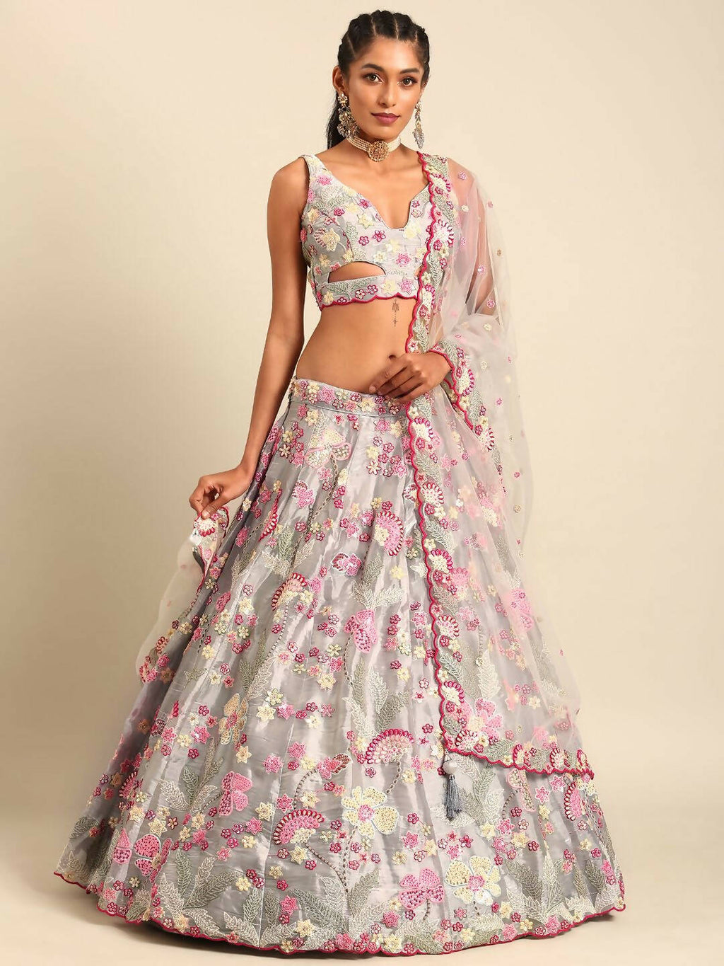 House of Panchhi Grey Organza Sequins and Zarkan embroidery Lehenga choli & Dupatta