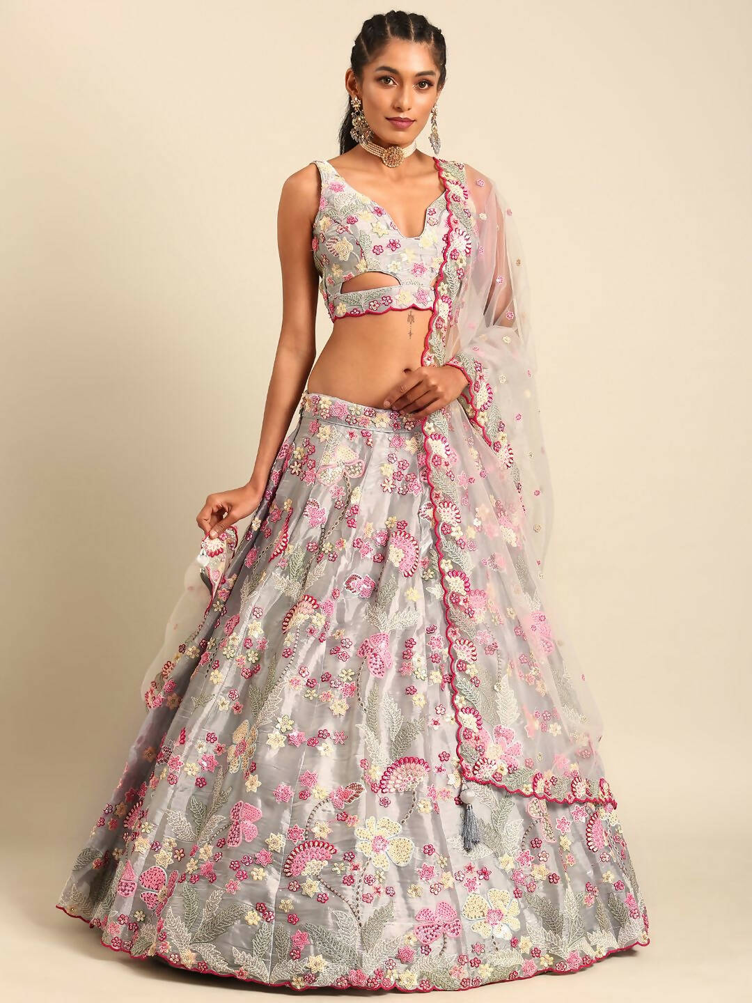 House of Panchhi Grey Organza Sequins and Zarkan embroidery Lehenga choli & Dupatta