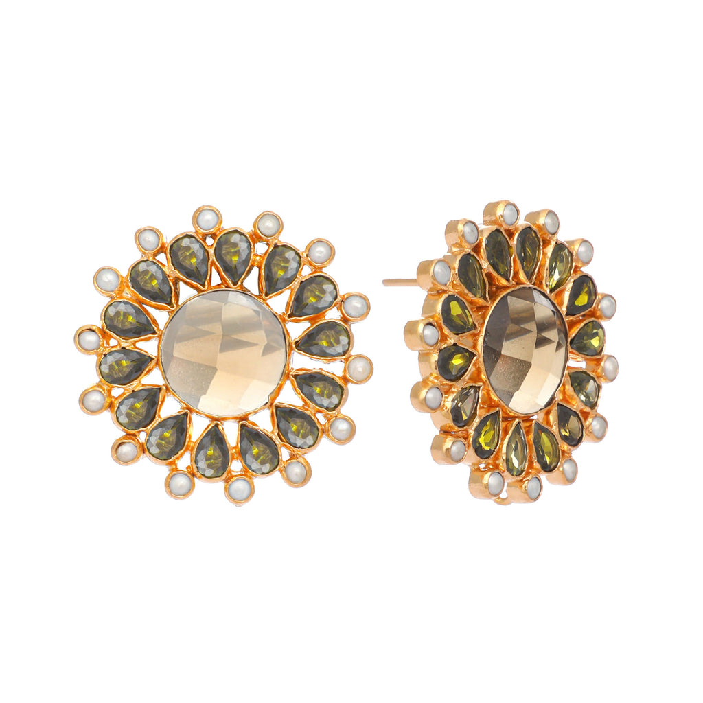 Nuyug 22K Gold Plated Faux Smoky Quartz & Crystal Studded Contemporary Floral Studs - Distacart