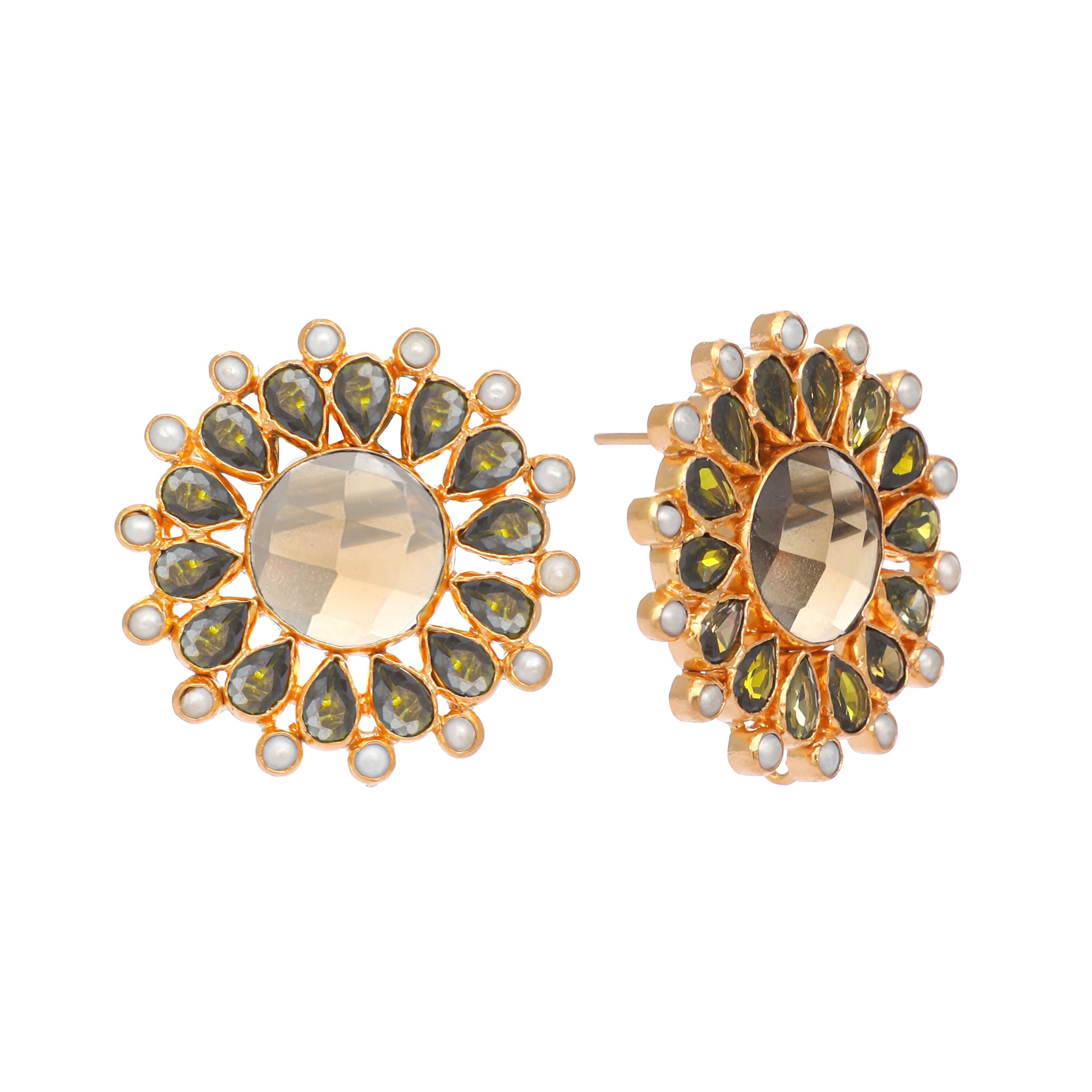Nuyug 22K Gold Plated Faux Smoky Quartz & Crystal Studded Contemporary Floral Studs - Distacart