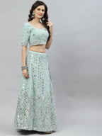 Pista Green Georgette Paper Mirror Embroidery Work Lehenga Choli with Dupatta - Jivika