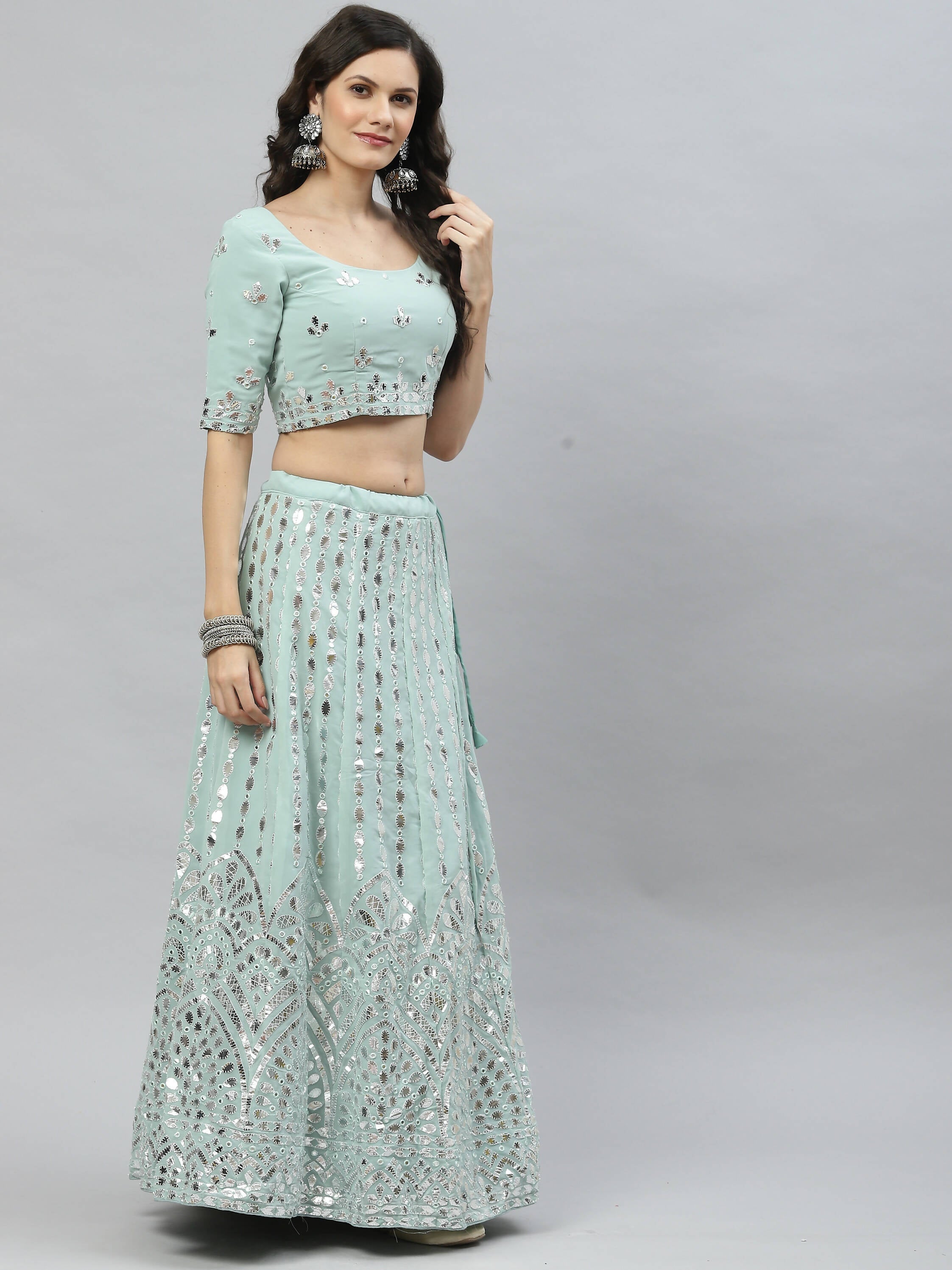Pista Green Georgette Paper Mirror Embroidery Work Lehenga Choli with Dupatta - Jivika