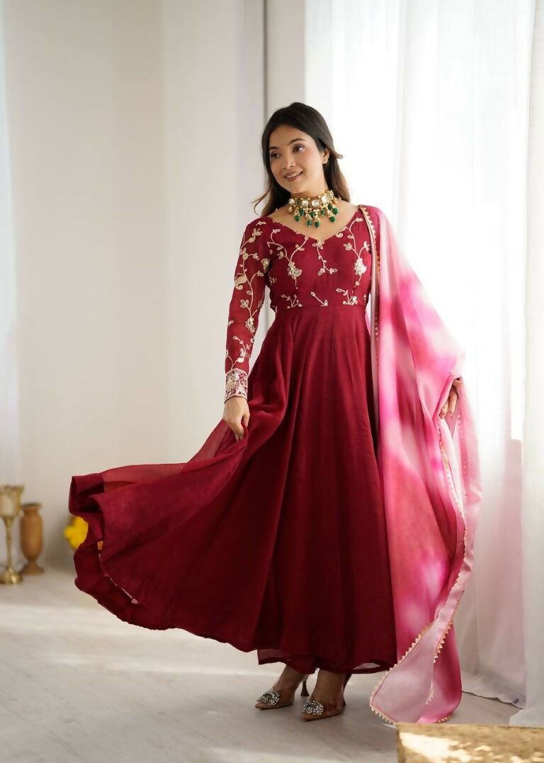 Teeya Creation Maroon Color Crunchy Silk Embroidery Work Gown - Distacart
