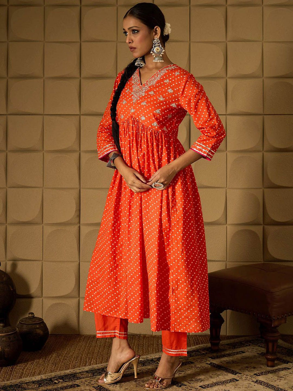 Indo Era Bandhani Embroidered Empire Sequined A-Line Pure Cotton Kurta With Trousers - Distacart