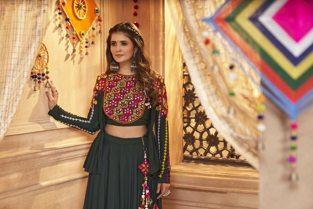 Green Viscose Rayon Thread Embroidered Work With Mirror All Over Navratri Lehenga Choli With Dupatta - Raas