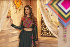 Green Viscose Rayon Thread Embroidered Work With Mirror All Over Navratri Lehenga Choli With Dupatta - Raas
