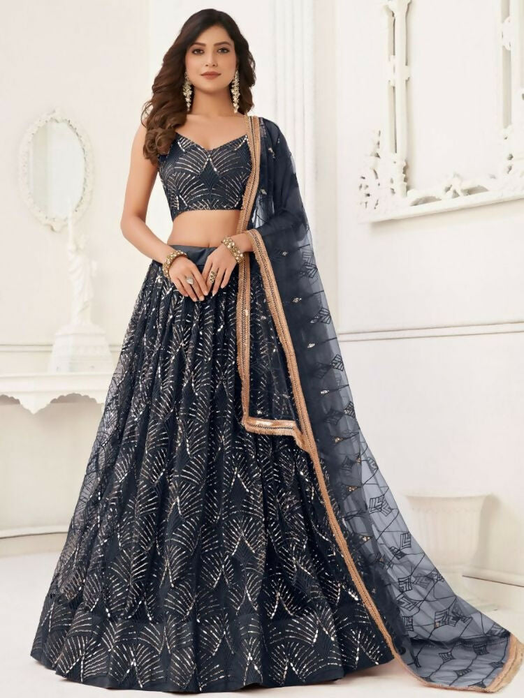 Black Butterfly Soft Net Embroidery With Real Mirror Work Lehenga Choli - Jihu Culture