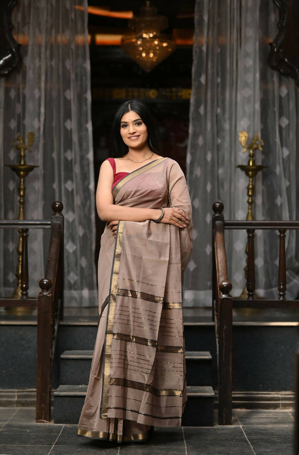 Very Much Indian VMI Exclusive Designer! Handloom Cotton Silk Saree With Sleek Golden Border - Warm Taupe