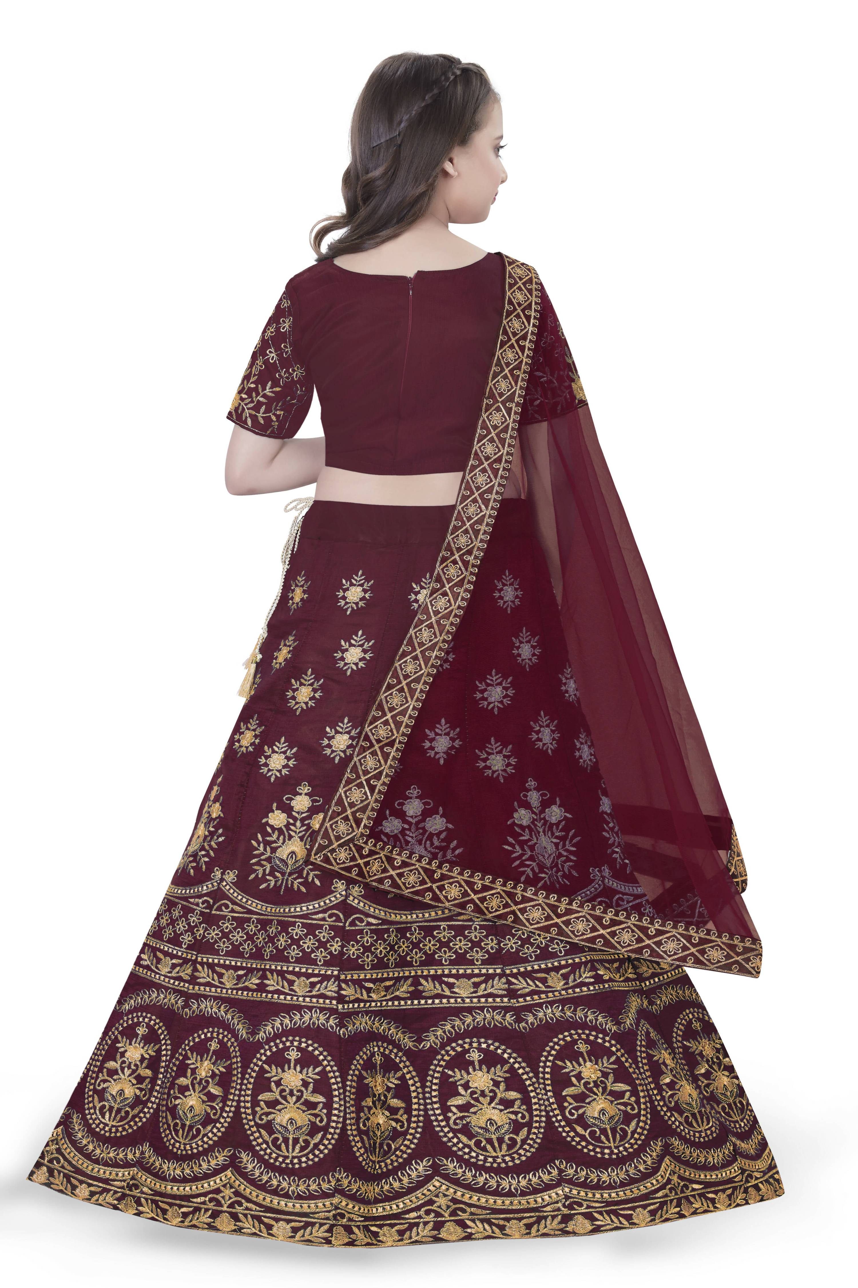 Dwiden Maroon Lehriyu Tafetta Sattin Semi-Stitched Girl's Lehenga Choli