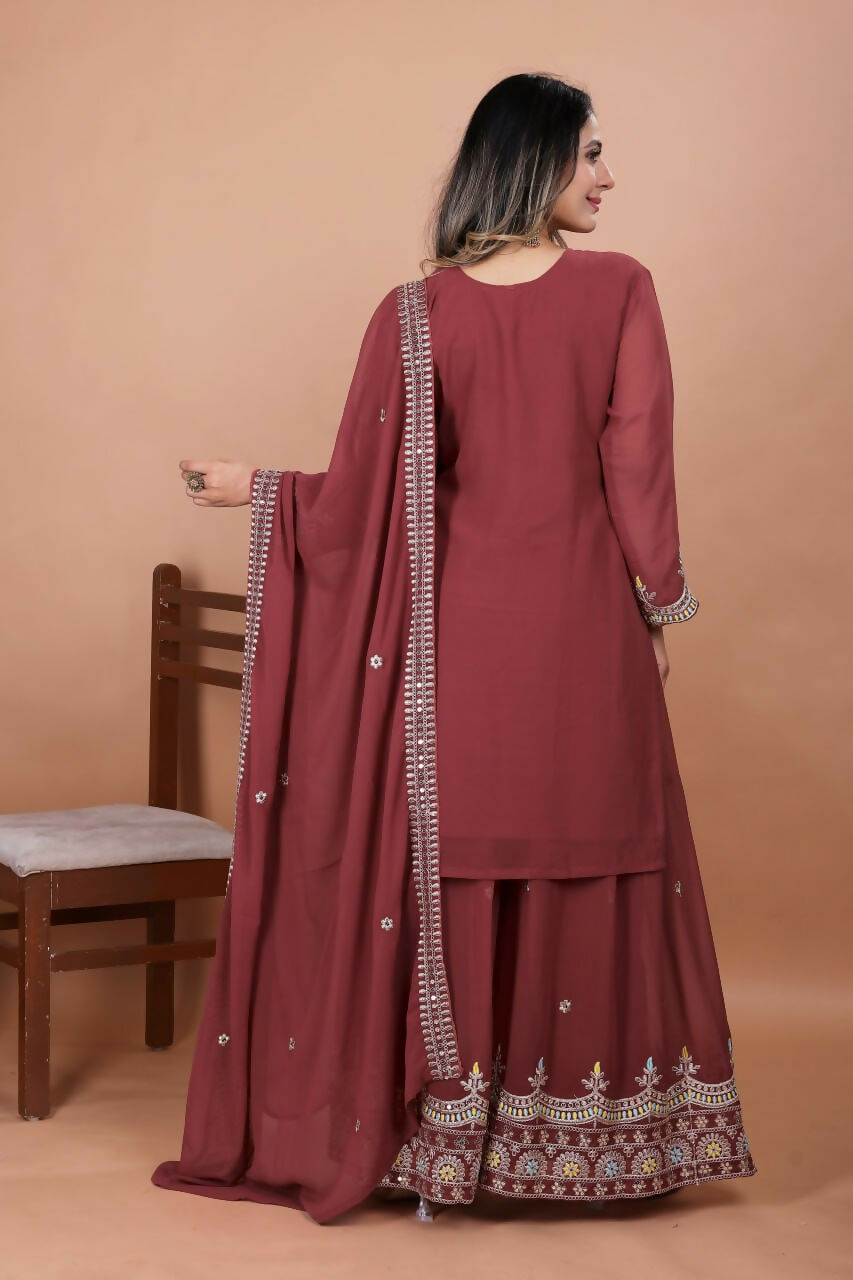 Teeya Creation Brown Color Faux Georgette Embroidery Work Wedding Wear Palazzo Set - Distacart