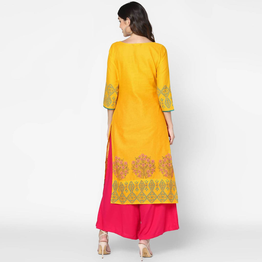 Cheera Hand Block Print Mustard & Magenta Straight Kurta With Palazzo (MAAI-078K)