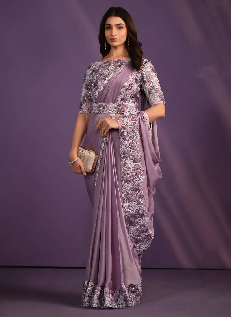 Lavender Crepe Satin Silk Embroidered Saree With Stitched Blouse - Mohmanthan Exotica