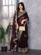 Vastranavya Wine Embroidery Work Shimmer Chiffon Saree with Unstitched Blouse - Distacart