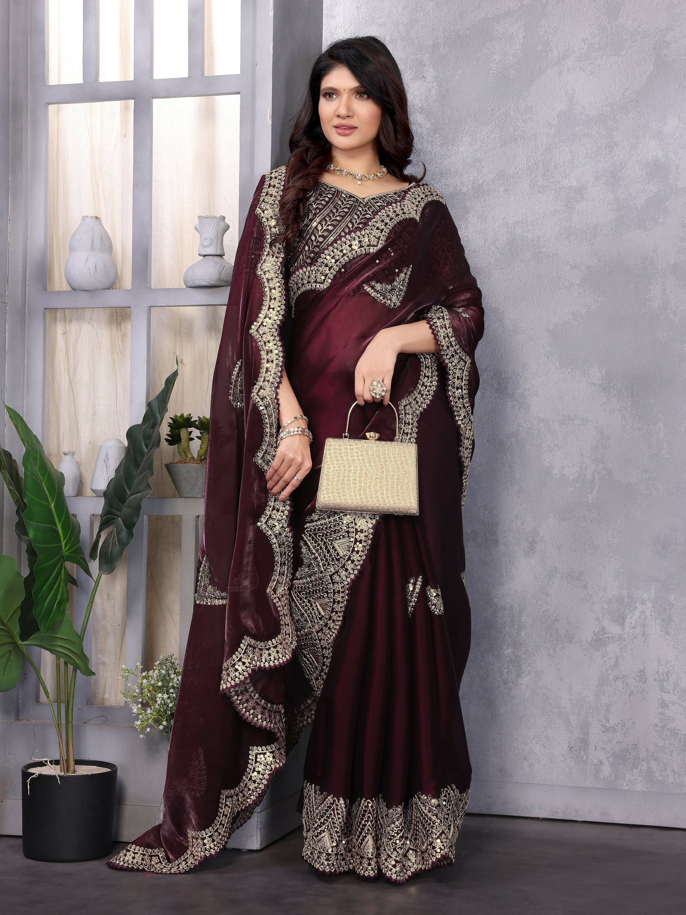 Vastranavya Wine Embroidery Work Shimmer Chiffon Saree with Unstitched Blouse - Distacart
