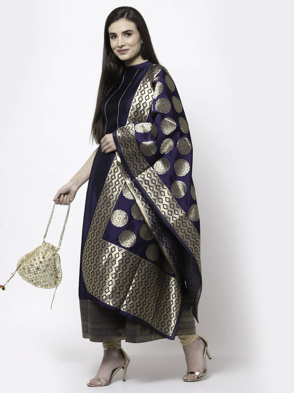 Myshka Women Blue Silk Blend Sleeveless Round Neck Gown With Dupatta