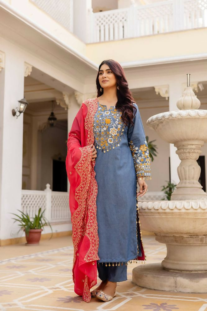 Teeya Creation Blue Color Cotton Denim Party Wear Real Mirror Work kurti - Distacart
