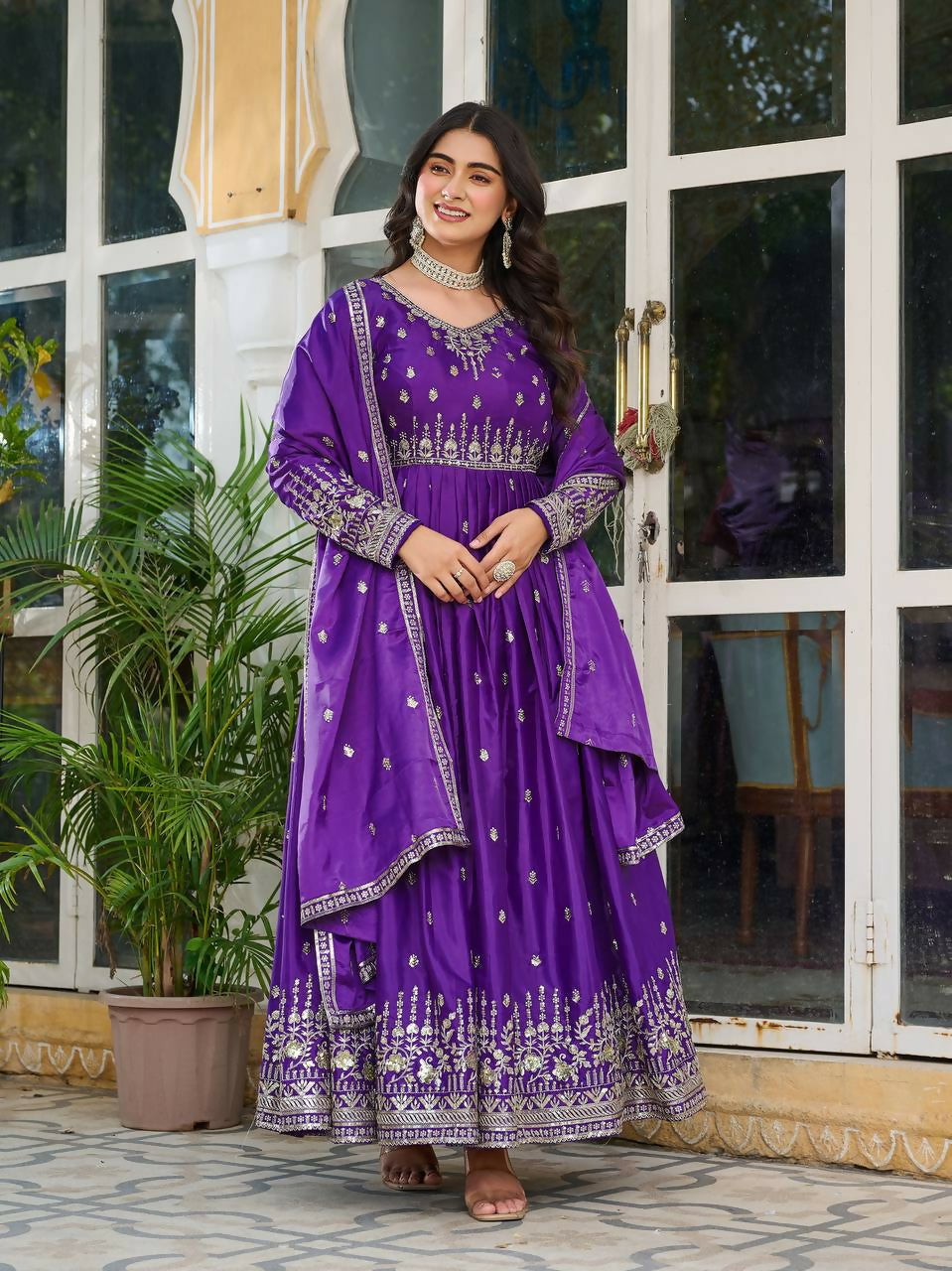 The52 Women's Beautiful American Silk Fabric Embroidery Work Flared Anarkali Pant and Dupatta Set - Distacart
