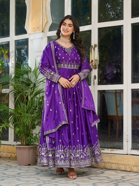 The52 Women's Beautiful American Silk Fabric Embroidery Work Flared Anarkali Pant and Dupatta Set