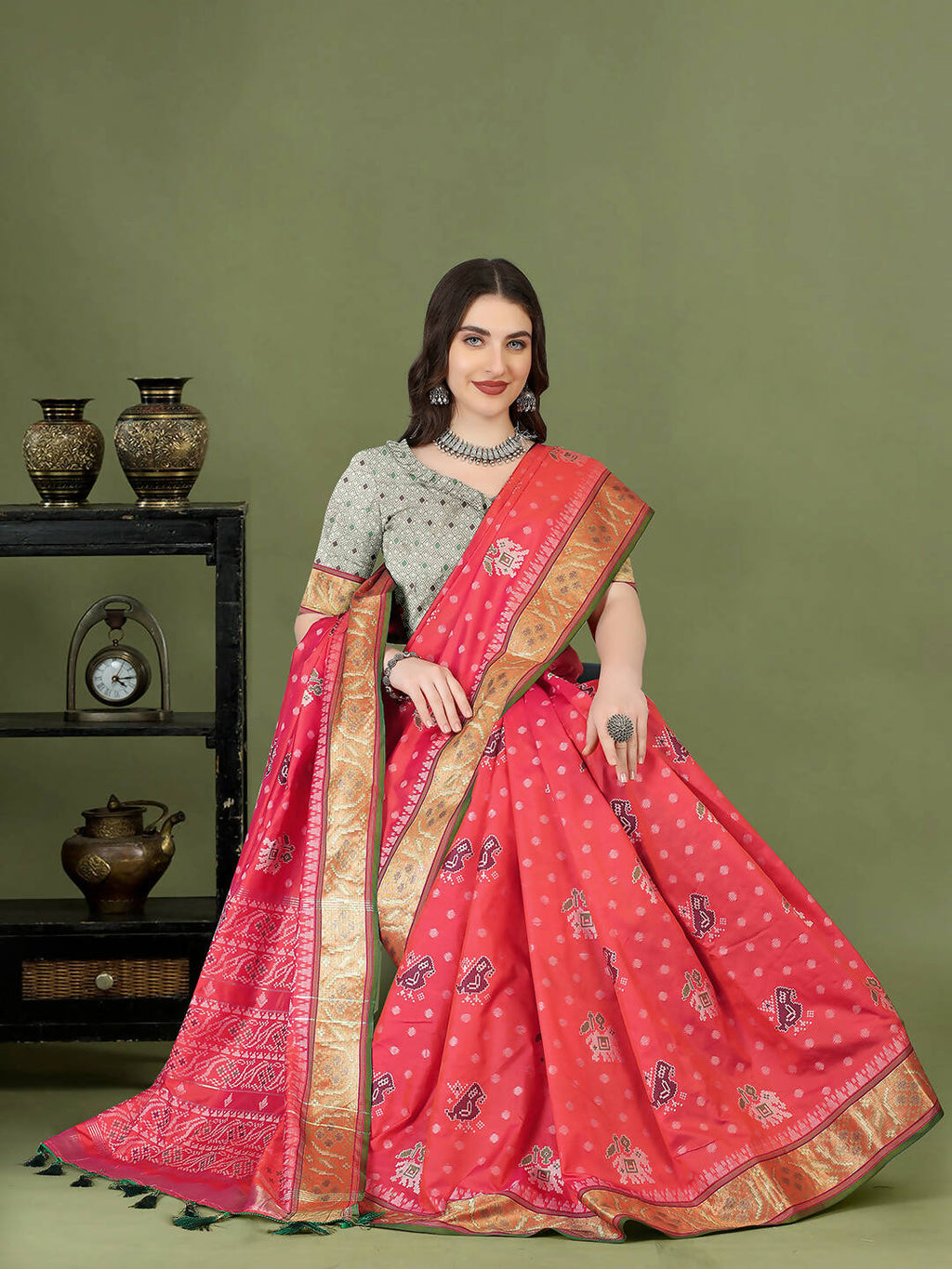 Lorenvalley Fashion Peach Patola Silk Woven Design Zari Meenakari Weaving Saree