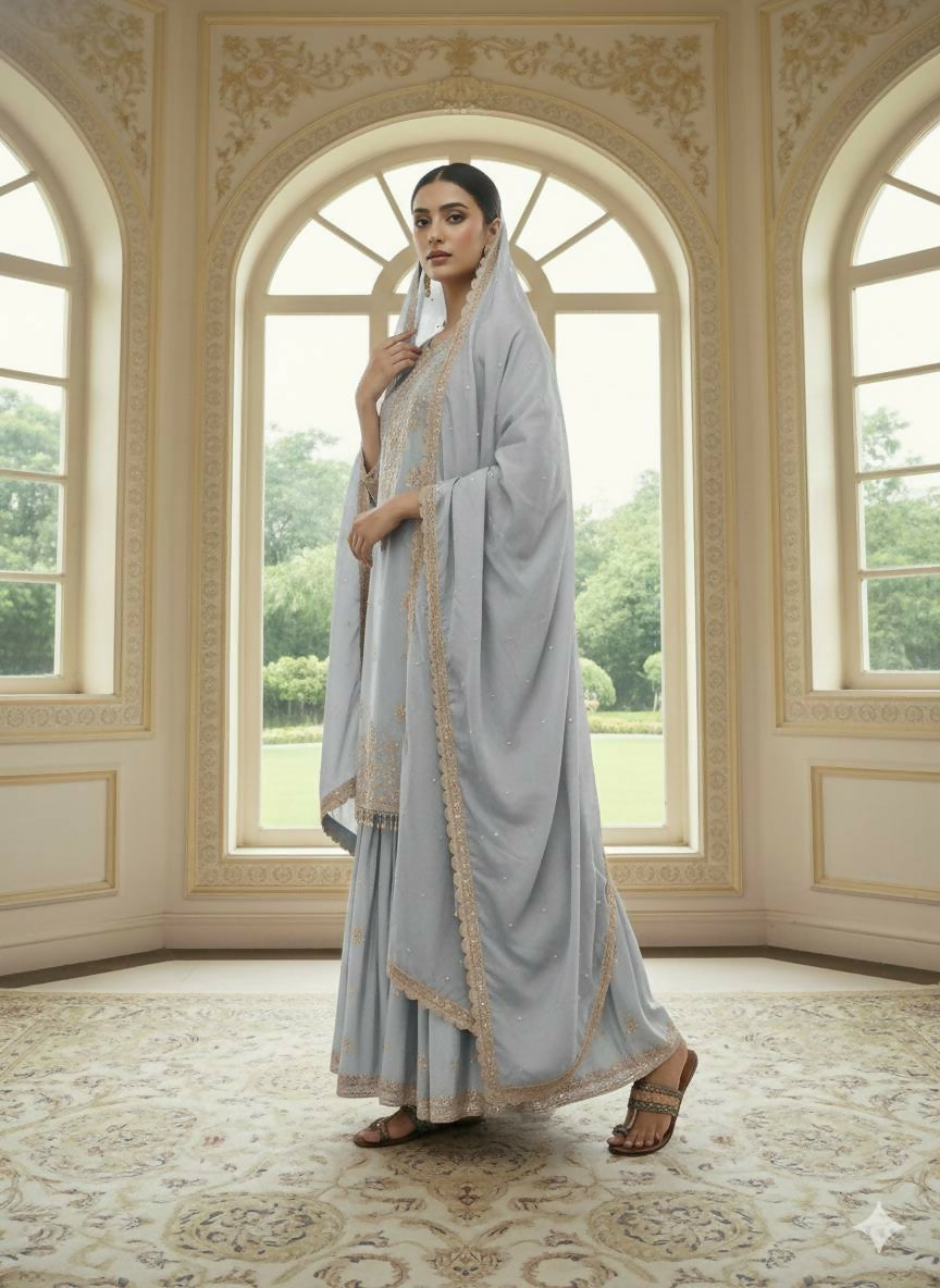 Teeya Creation Grey Color Chinnon Silk Embroidery Work Wedding Wear Salwar Suit - Distacart
