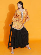 Women Republic Yellow Printed Satin Georgette Shirt With Bell Sleeves And Dhoti - Distacart