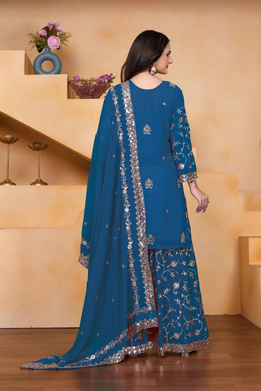 Teeya Creation Blue Color Faux Georgette Embroidery Work Wedding Wear Palazzo Set - Distacart
