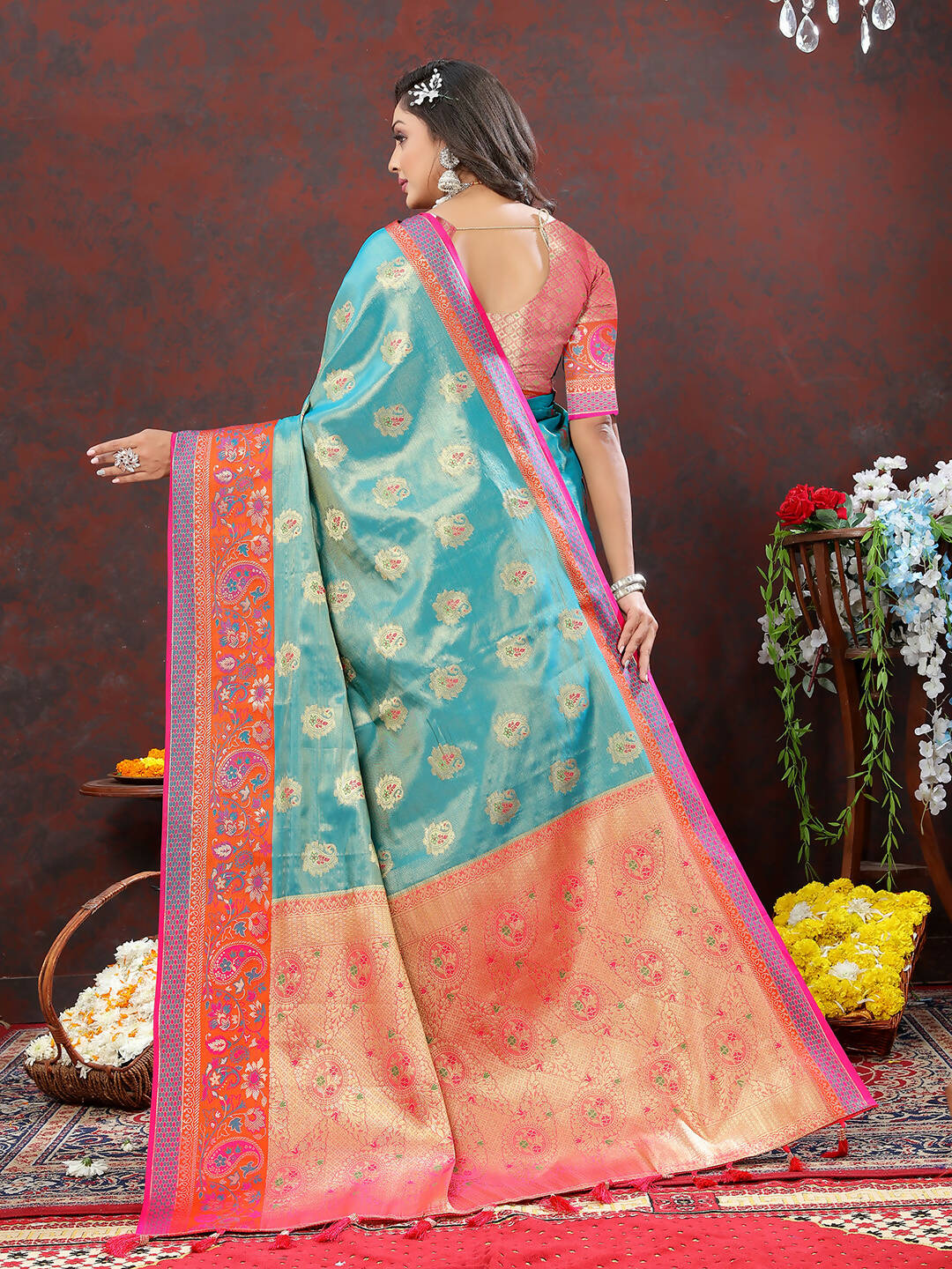 Lorenvalley Fashion Skyblue Kanjivaram Silk Woven Design with Zari Weaving Saree