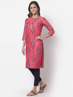 Myshka Women's Pink Printed 3/4 Sleeve Rayon Round Neck Casual Kurta