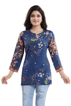 Snehal Creations Blend Well Beautiful Blue Faux Crepe Printed Tunic Top