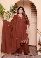 Miravan Womens Plus Size Embroidered Cotton Kurta with palazzo & Dupatta Set