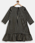 Ahalyaa Black Georgette Stripped Gold Printed Kids Kurta Pant Set For Girls