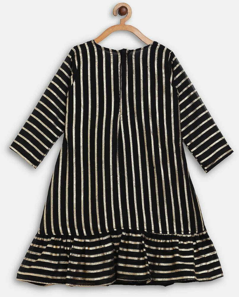 Ahalyaa Black Georgette Stripped Gold Printed Kids Kurta Pant Set For Girls