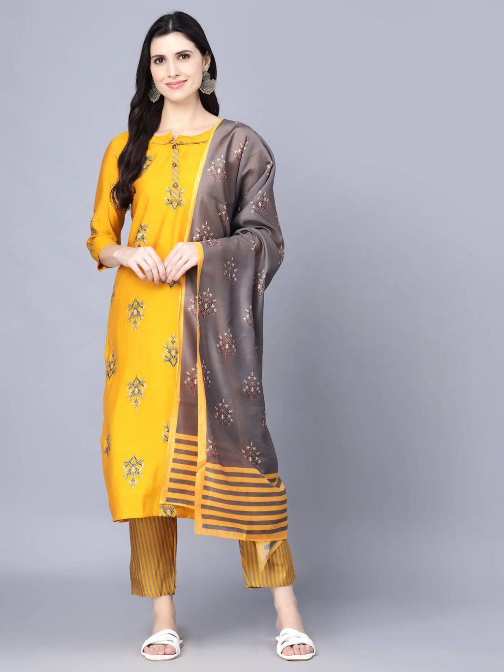 Myshka Women Mustard Yellow Ethnic Motifs Embroidered Panelled Kurti with Trousers With Dupatta - Distacart