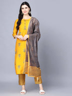 Myshka Women Mustard Yellow Ethnic Motifs Embroidered Panelled Kurti with Trousers With Dupatta - Distacart