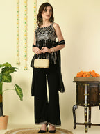 Myshka Women's Black Georgette Top & Palazzos With Dupatta Party Sets