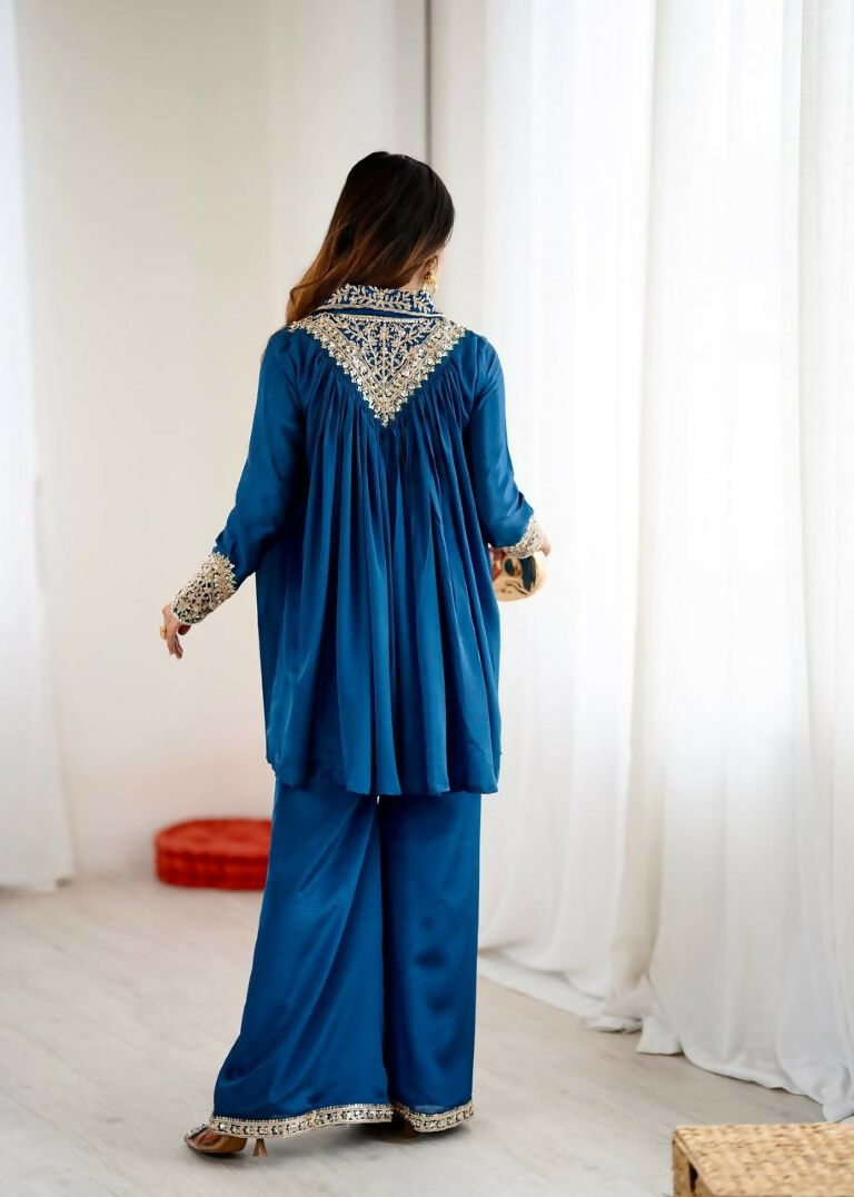 Teeya Creation Blue Heavy Chinnon Silk Embroidery Work Plazo pair - Distacart