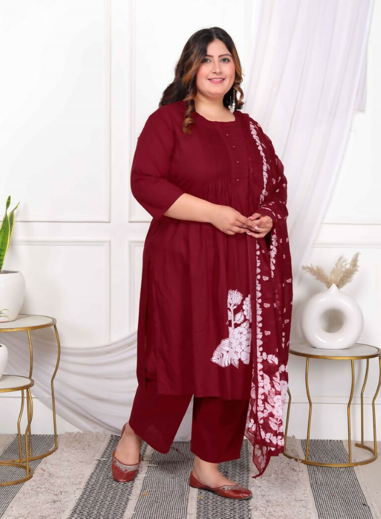 Miravan Women's Plus Size Wine Pintucks Cotton Floral Elegant Straight Kurta and Palazzo with Dupatta Set