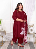 Miravan Women's Plus Size Wine Pintucks Cotton Floral Elegant Straight Kurta and Palazzo with Dupatta Set
