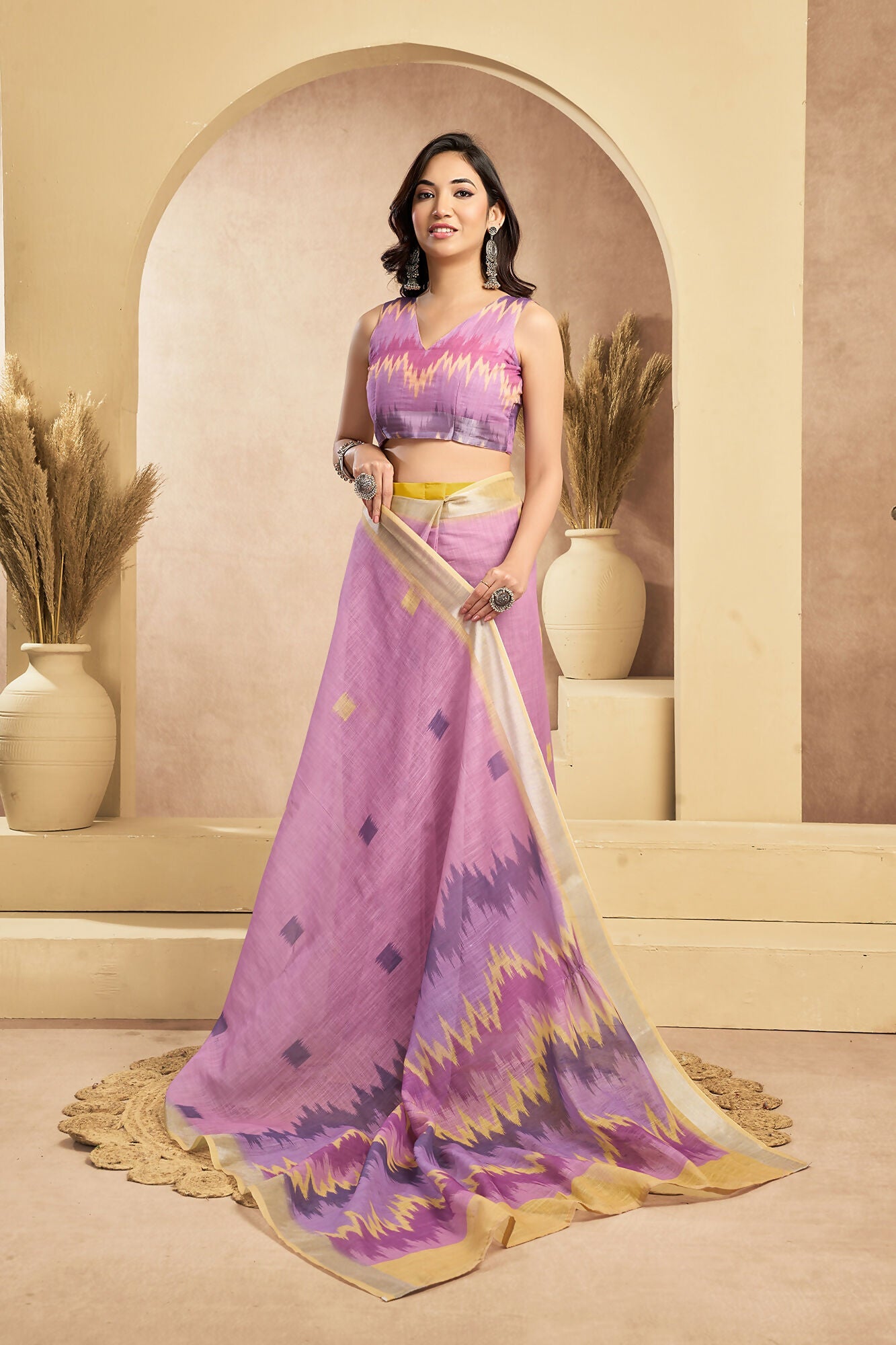 Vastranavya Onion Pink Digital Printed Linen Ready To Wear Pocket Saree with Unstitched Blouse - Distacart