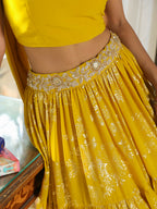 Janasya Yellow Georgette Solid Lehenga Choli Dupatta