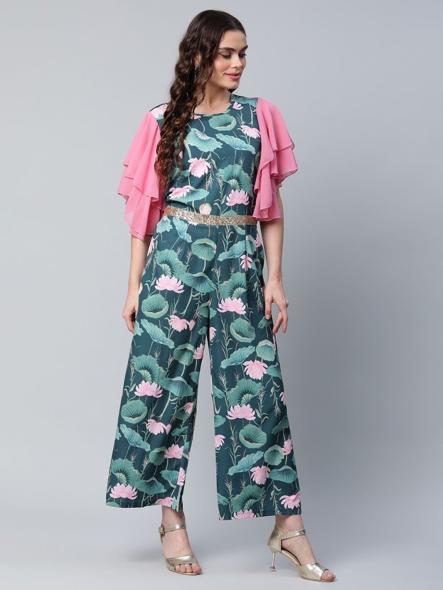 Ahalyaa Women's Dark Green Crepe Printed Jumpsuit