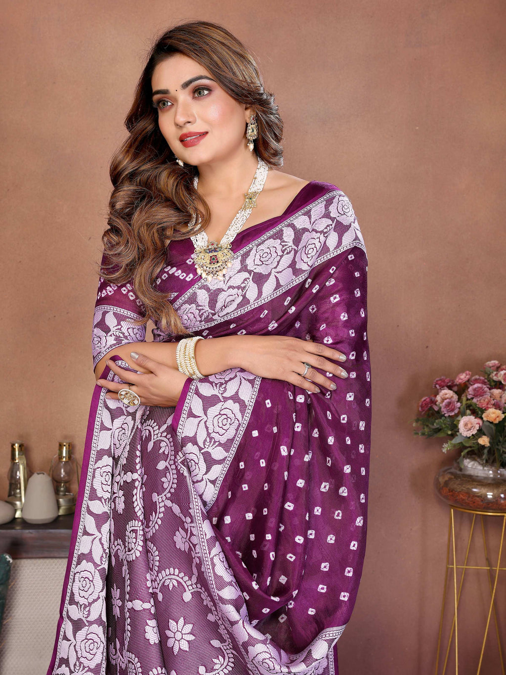 Aastha Fashion Wine Viscose Silk Handmade Original Bandhej Saree - Distacart