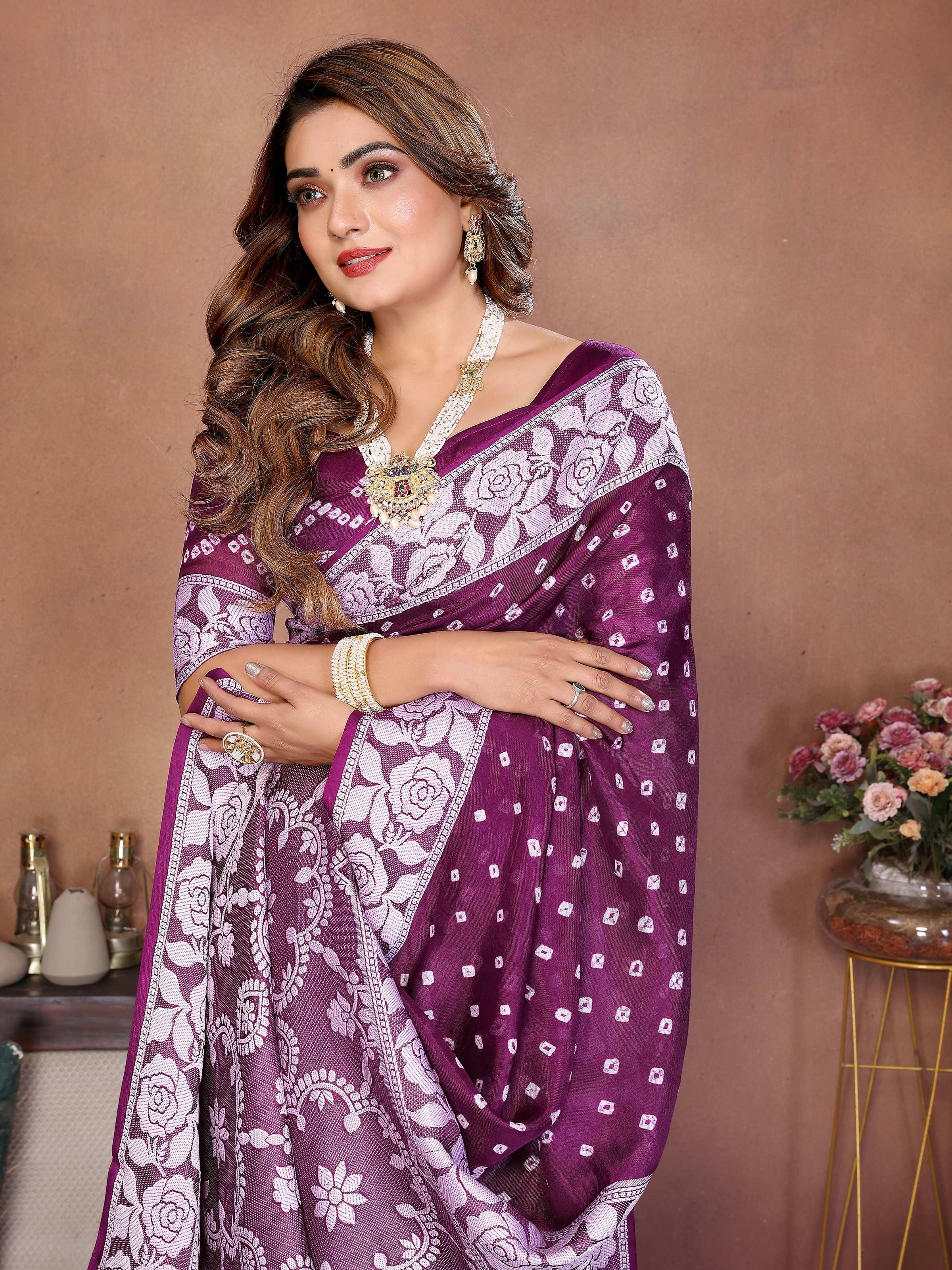 Aastha Fashion Wine Viscose Silk Handmade Original Bandhej Saree - Distacart