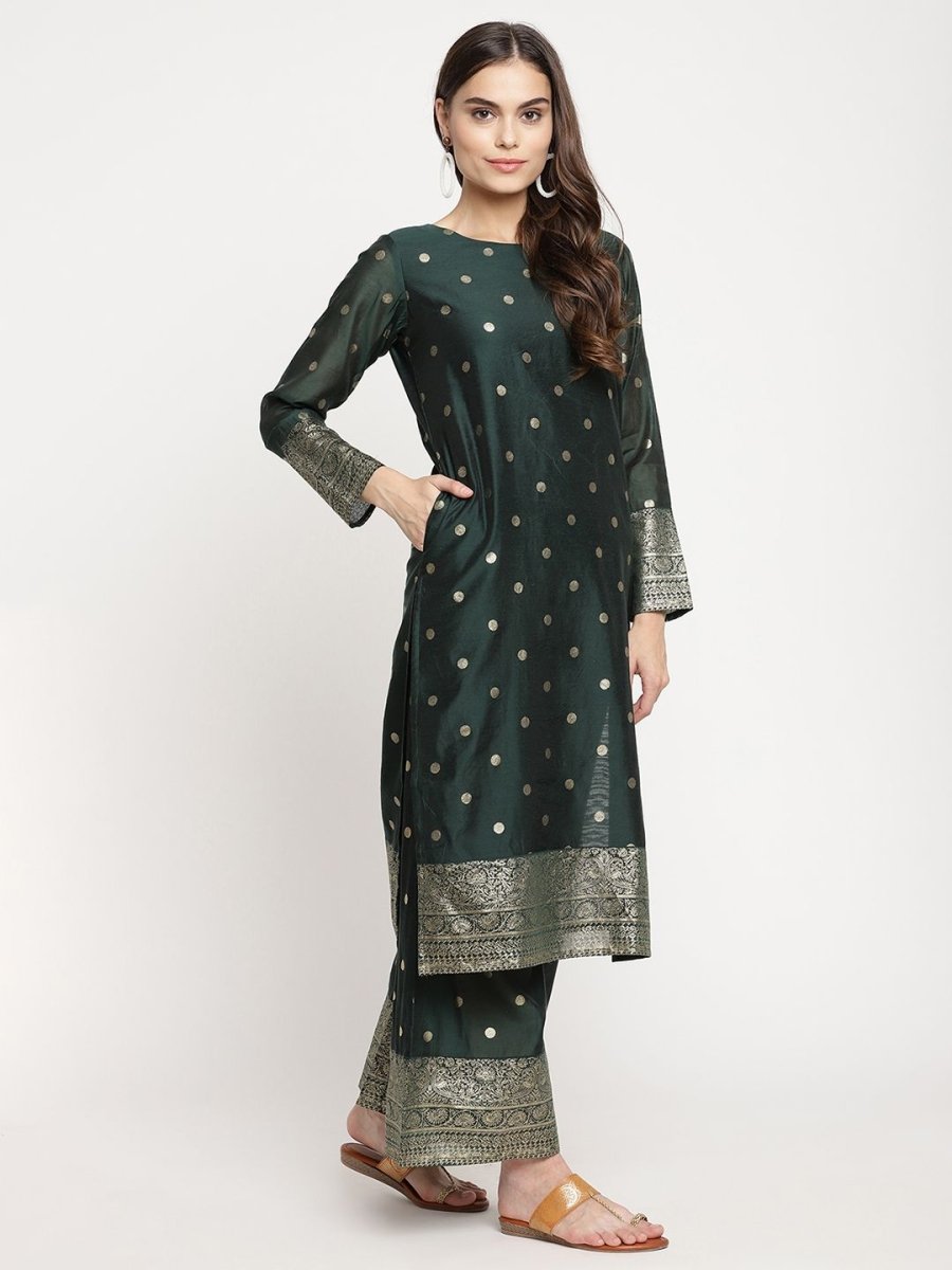 Ahalyaa Dark Green Gold Print Kurta Palazzo Set With Dupatta