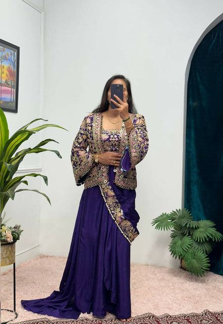 Teeya Creation Purple Color Chinon Silk Embroidery Work Ready To Wear Party Wear Saree With Koti