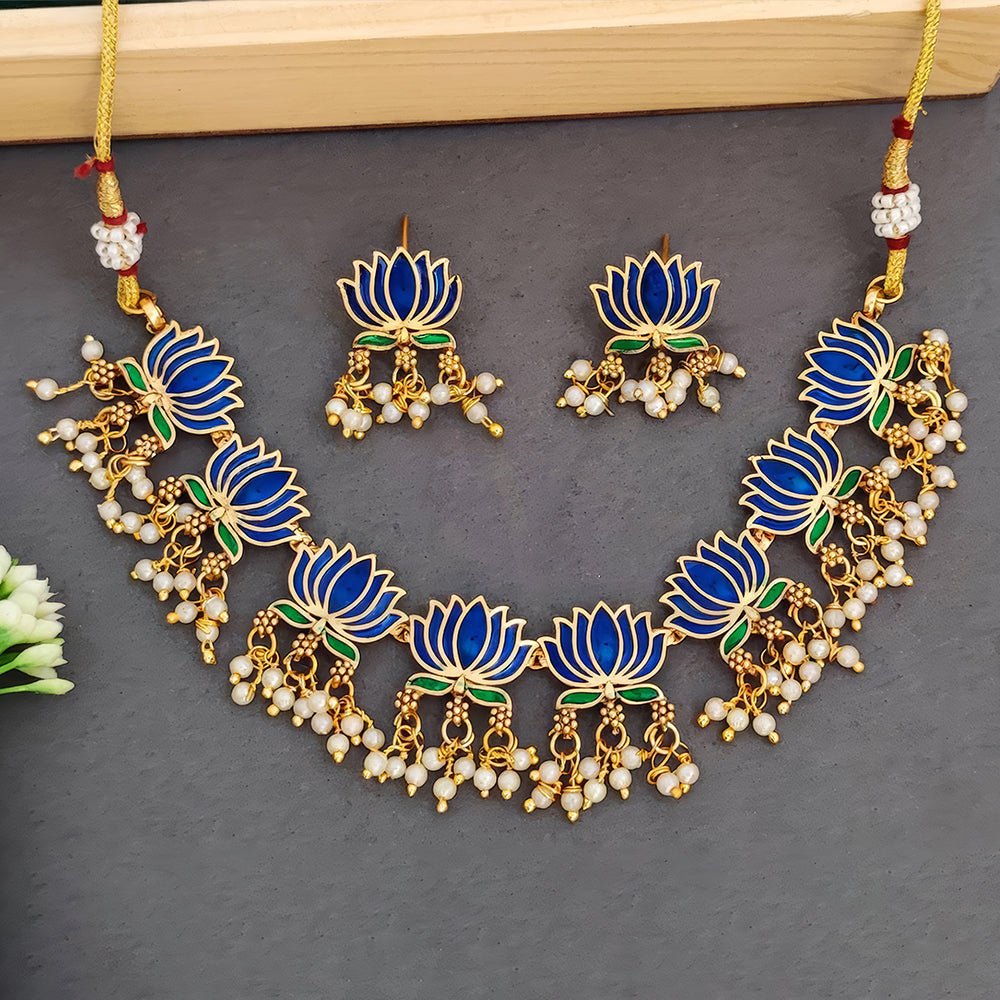 JS Fashion Traditional High Gold Necklace Set with Pink Lotus Motif and Ethnic Celebrations