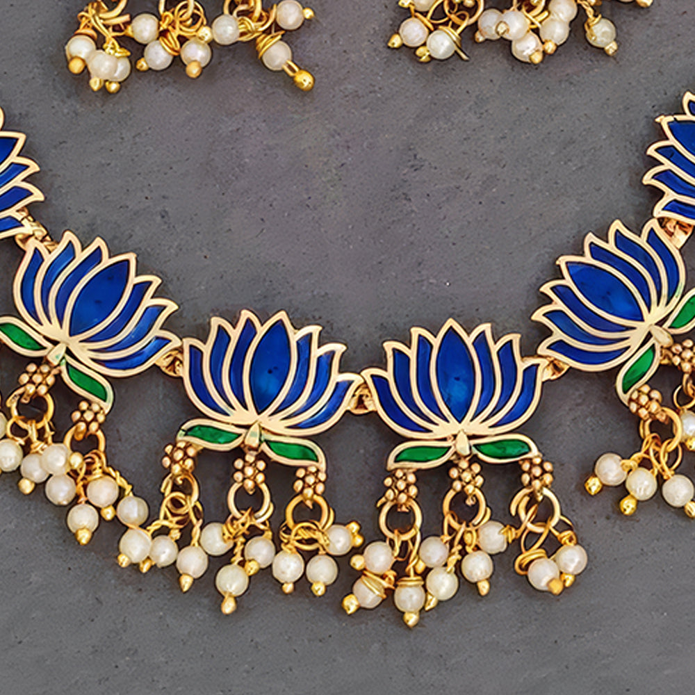 JS Fashion Traditional High Gold Necklace Set with Pink Lotus Motif and Ethnic Celebrations